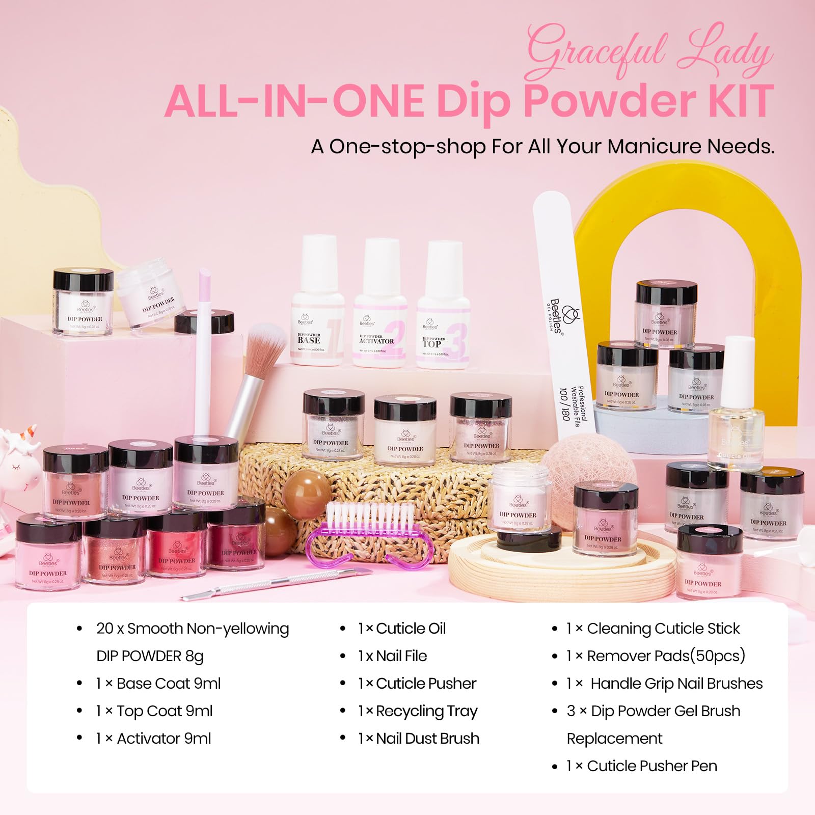 Beetles 36Pcs Dip Powder Nail Kit Starter – 20 Colors Nude Pink Gray Glitter Burgundy, Base Top Activator, Tools