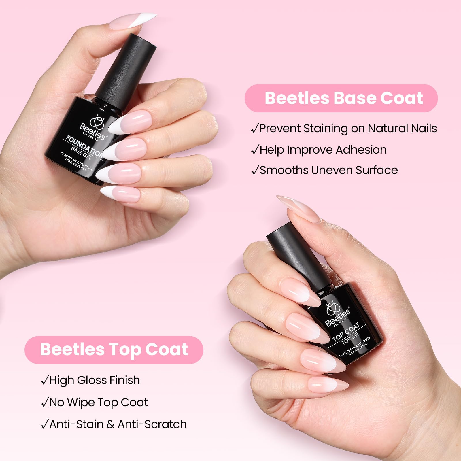 Beetles Gel Nail Kit Curve-EX Almond Tips — 320pcs, 16 Sizes, Glue Gel, Base & Top Coat, Mini Lamp