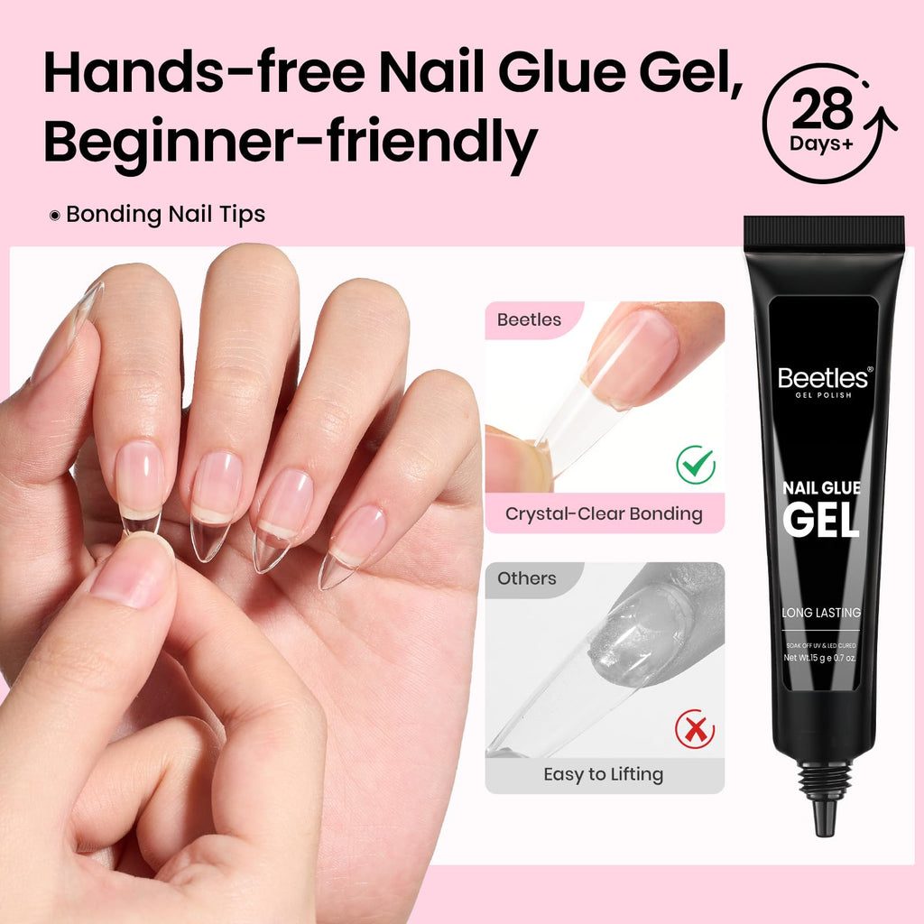 Beetles Gel Nail Kit Flat-X Almond Medium – 320 Tips, Glue Gel, Base & Top, Mini Lamp