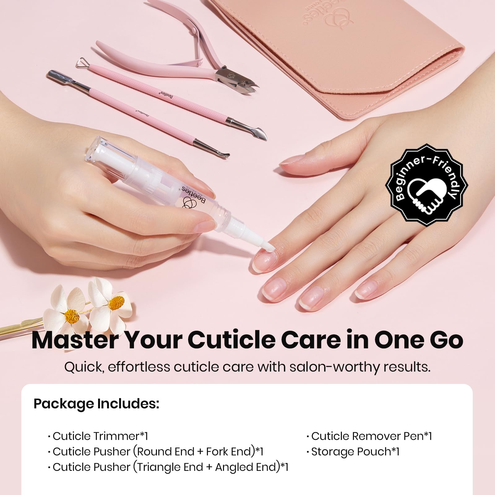 Beetles Gel Polish Manicure Kit: Cuticle Remover, 3-Piece Pink Set + Storage Pouch
