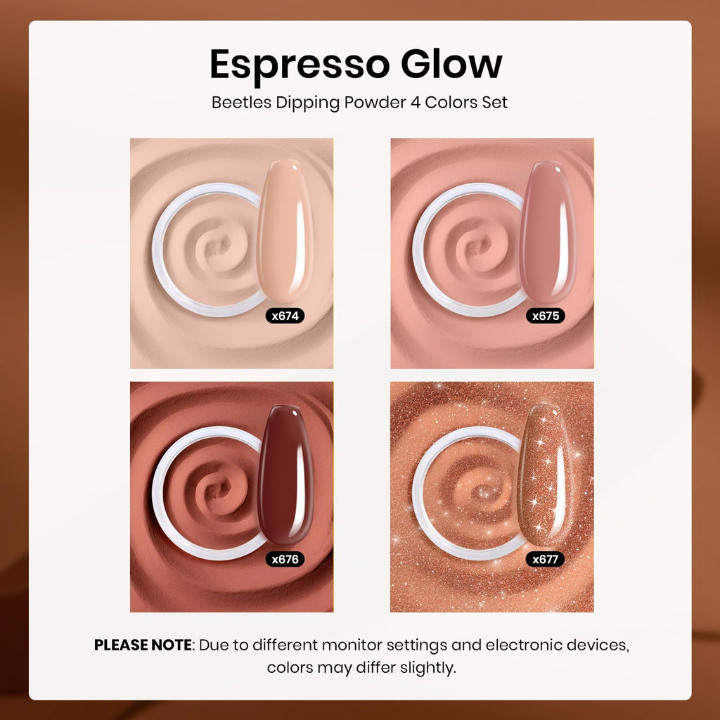 Beetles Dip Powder Nail Kit Starter Set – Espresso Glow Collection | Fall & Winter Brown Nude Glitter