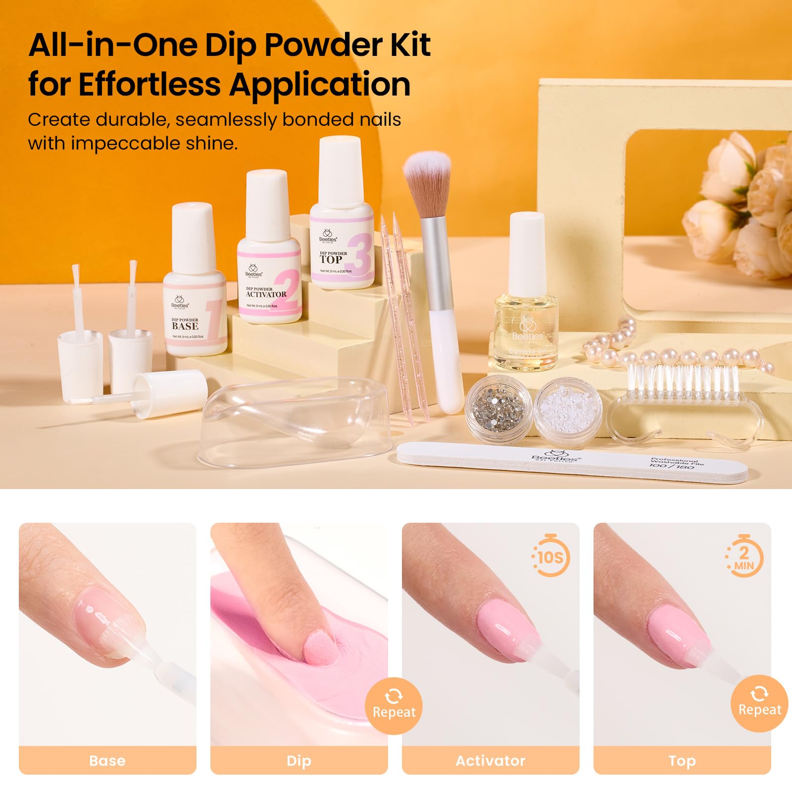 Beetles Dip Powder Nail Kit – 6 Colors + Base, Top Coat, Activator, Tools