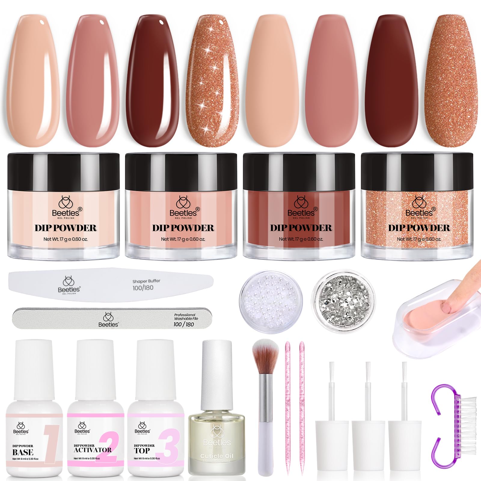 Beetles Dip Powder Nail Kit Starter Set – Espresso Glow Collection | Fall & Winter Brown Nude Glitter