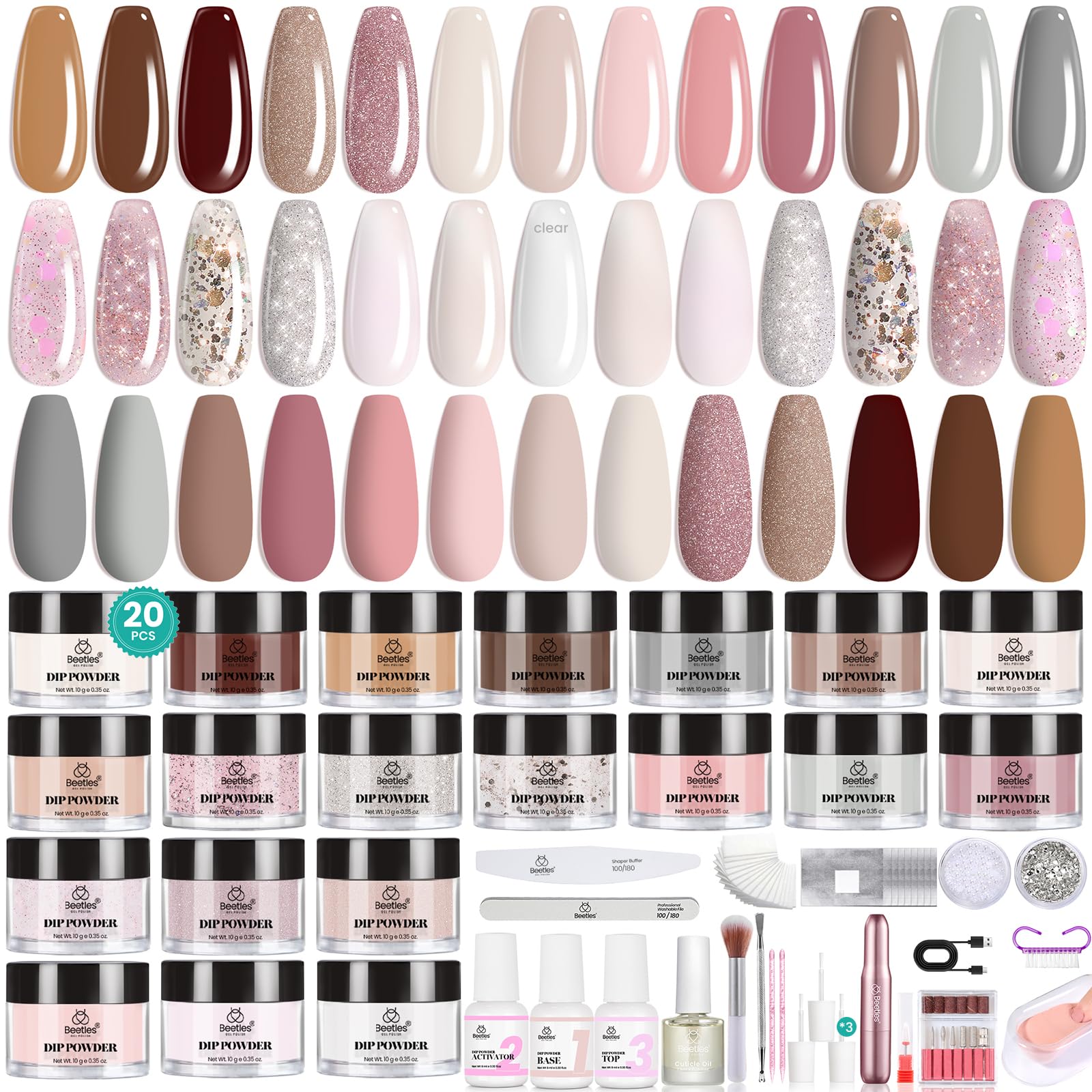Beetles Dip Powder Nail Kit – 20 Colors Peach Brownie Collection + Electric Nail Drill