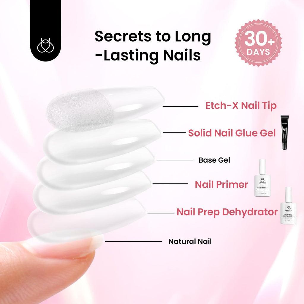 Beetles Gel Nail Kit Medium Coffin with Primer, Dehydrator & 576 Half Matte Tips + Mini Lamp