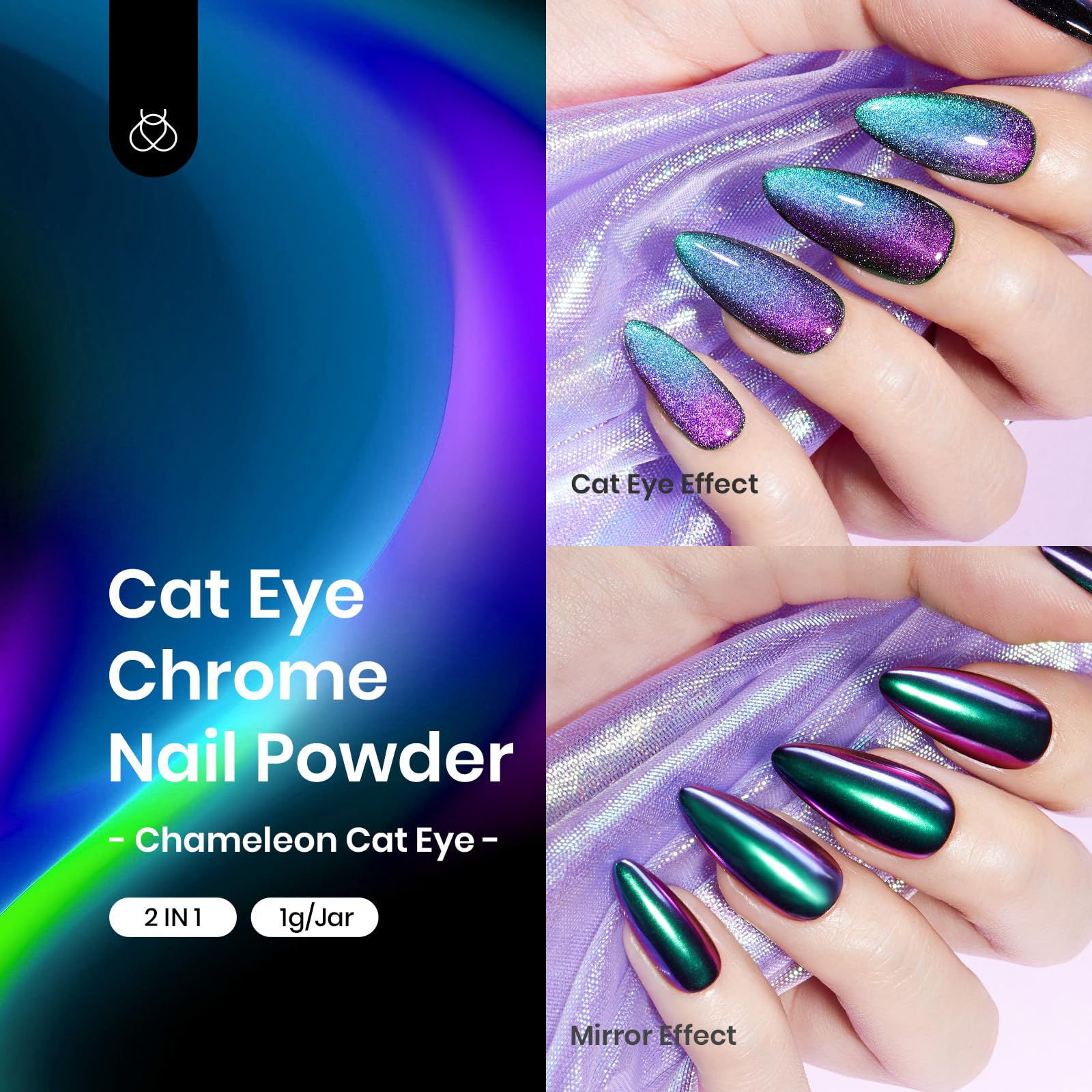 Beetles Cat Eye Chrome Nail Powder Set – 2-in-1 Holographic Metallic Nail Art Kit