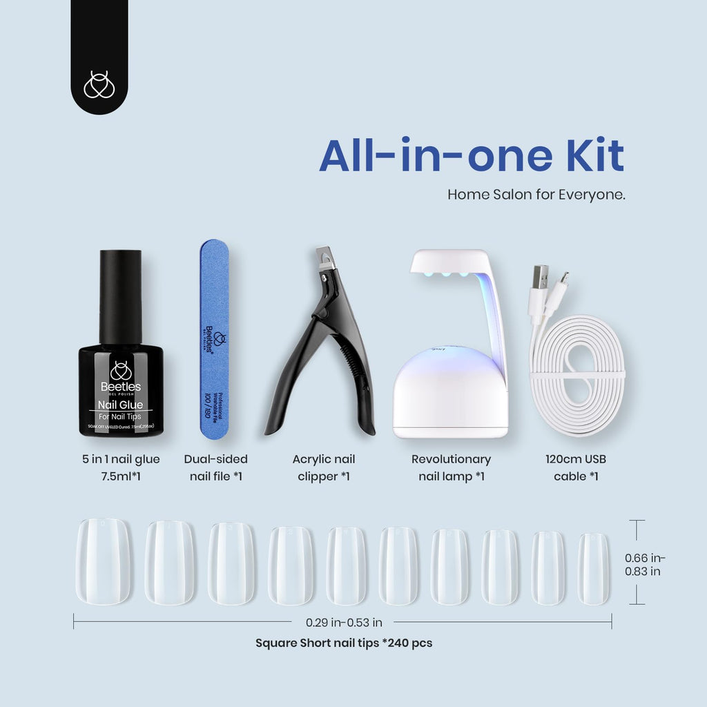 Beetles Gel Nail Kit Easy Extension Set – 240 Soft Short Square Tips, 5-in-1 Glue & LED Lamp