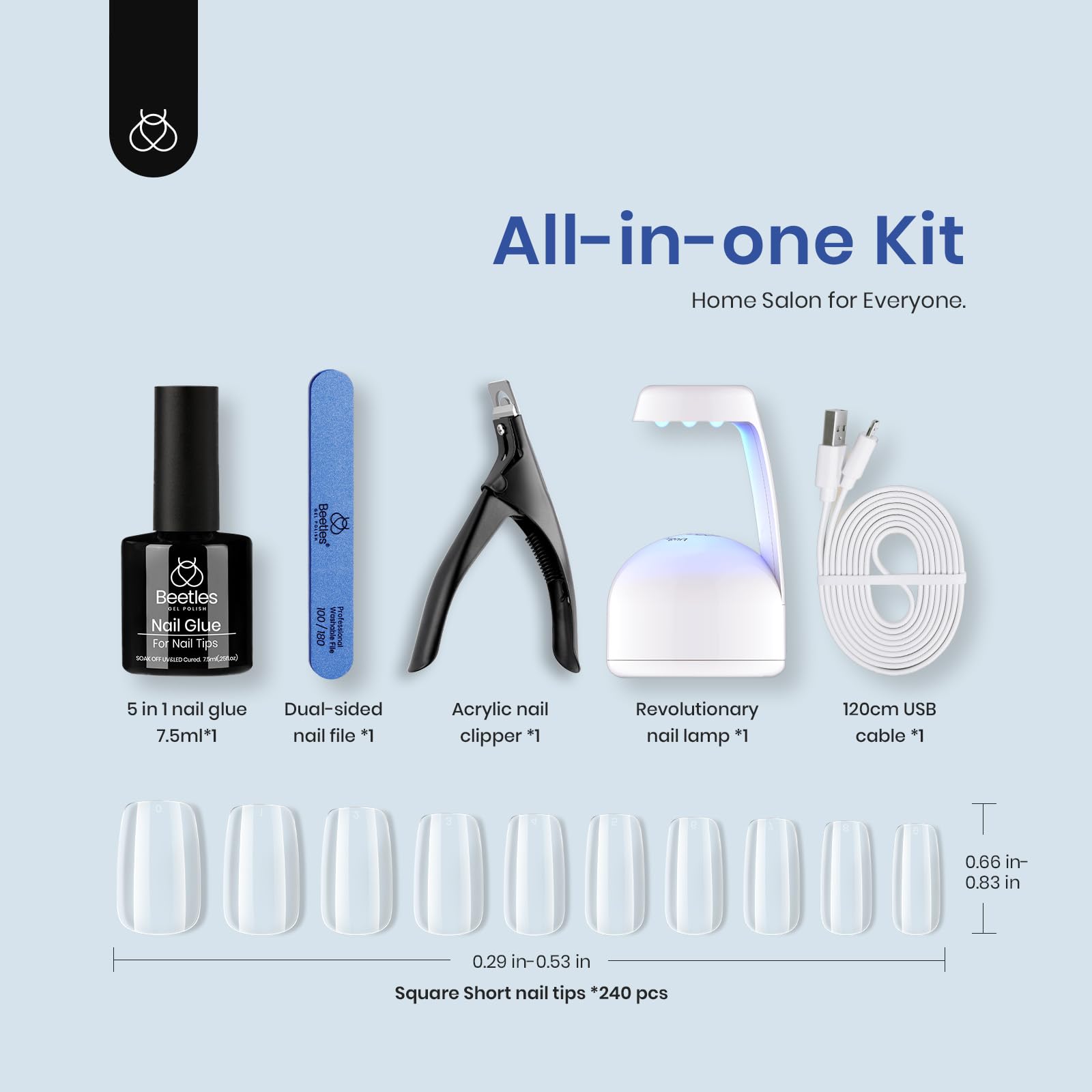 Beetles Gel Nail Kit Easy Extension Set – 240 Soft Short Square Tips, 5-in-1 Glue & LED Lamp