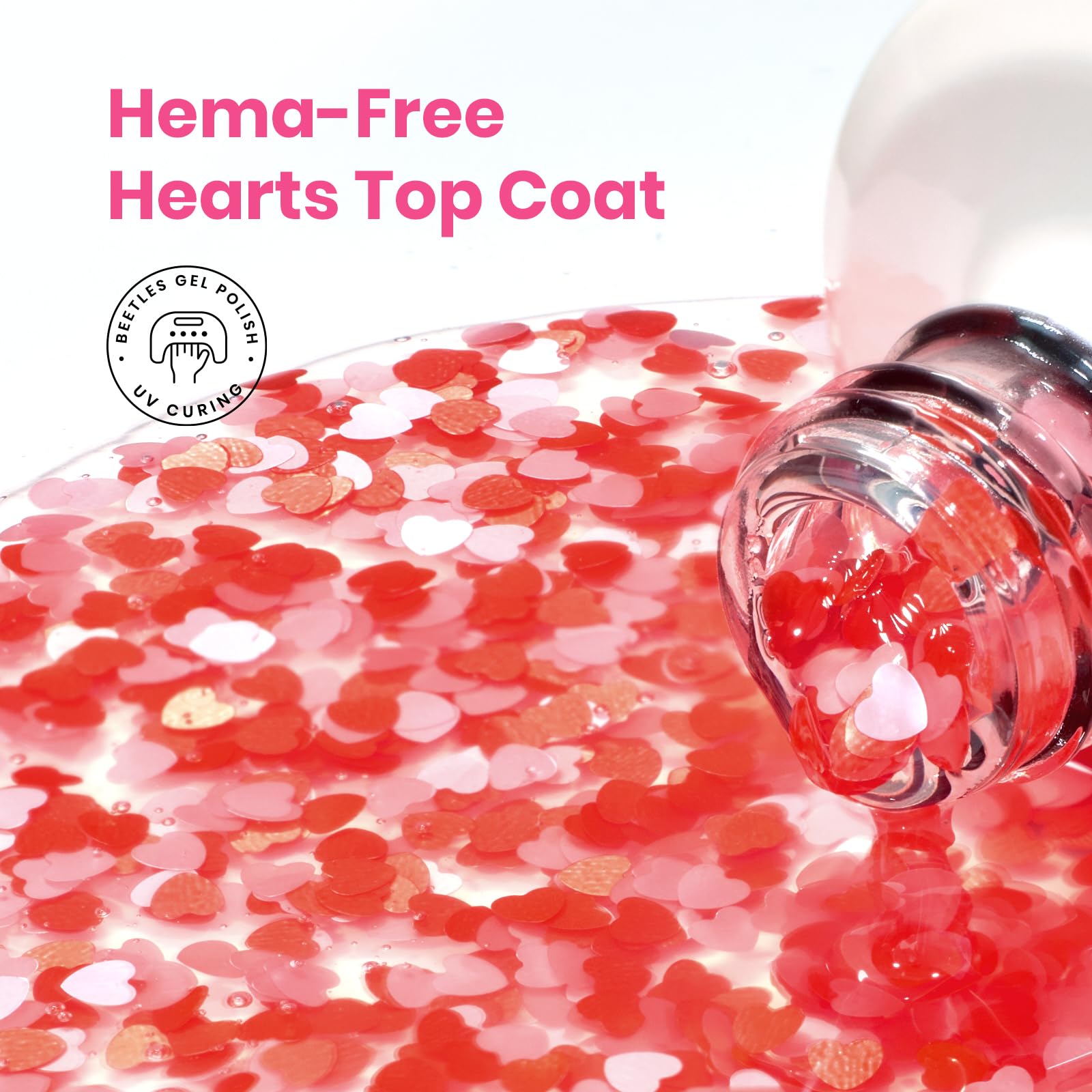 Beetles Valentine's Day Heart Gel Top Coat 15ml – HEMA-Free Glitter Shine, No Wipe, 21 Day Wear