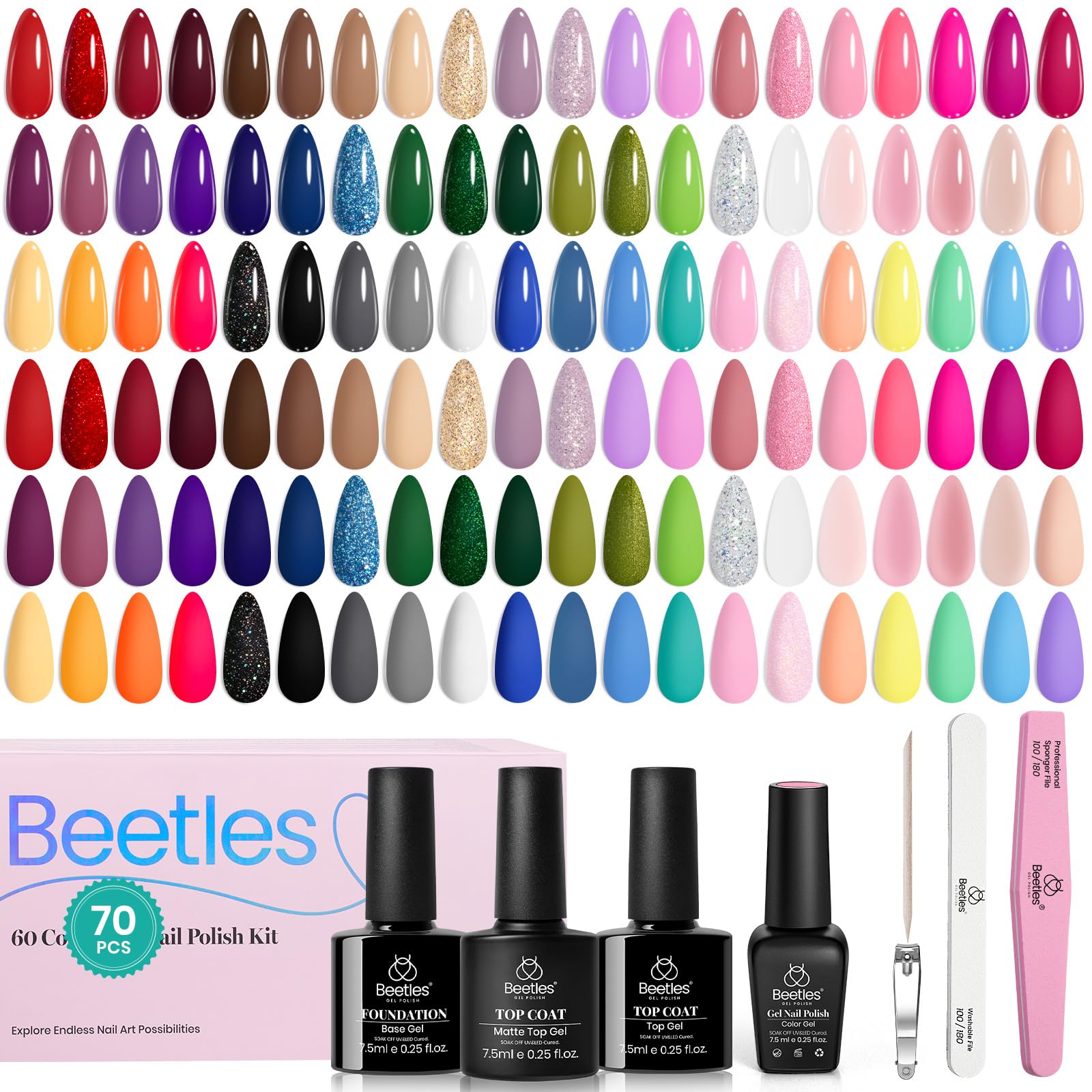 Beetles Winter Gel Nail Polish Set — 60 Colors, Base & Top Coat Kit, 8-Piece Tools, UV/LED Ready for DIY Nails