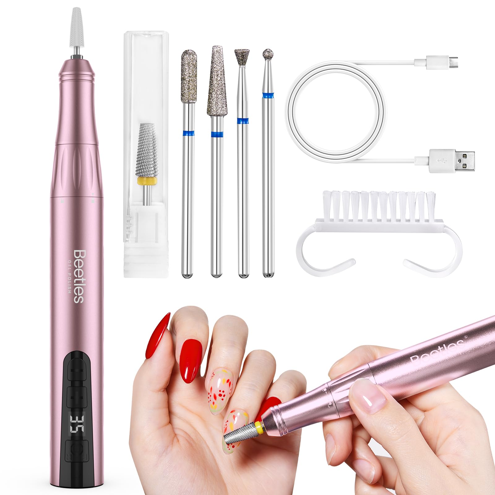 Beetles Cordless Electric Nail Drill – 20 Adjustable Speeds, Rose Gold, Long Battery Life, 5-Head E-File Kit for Home or Salon