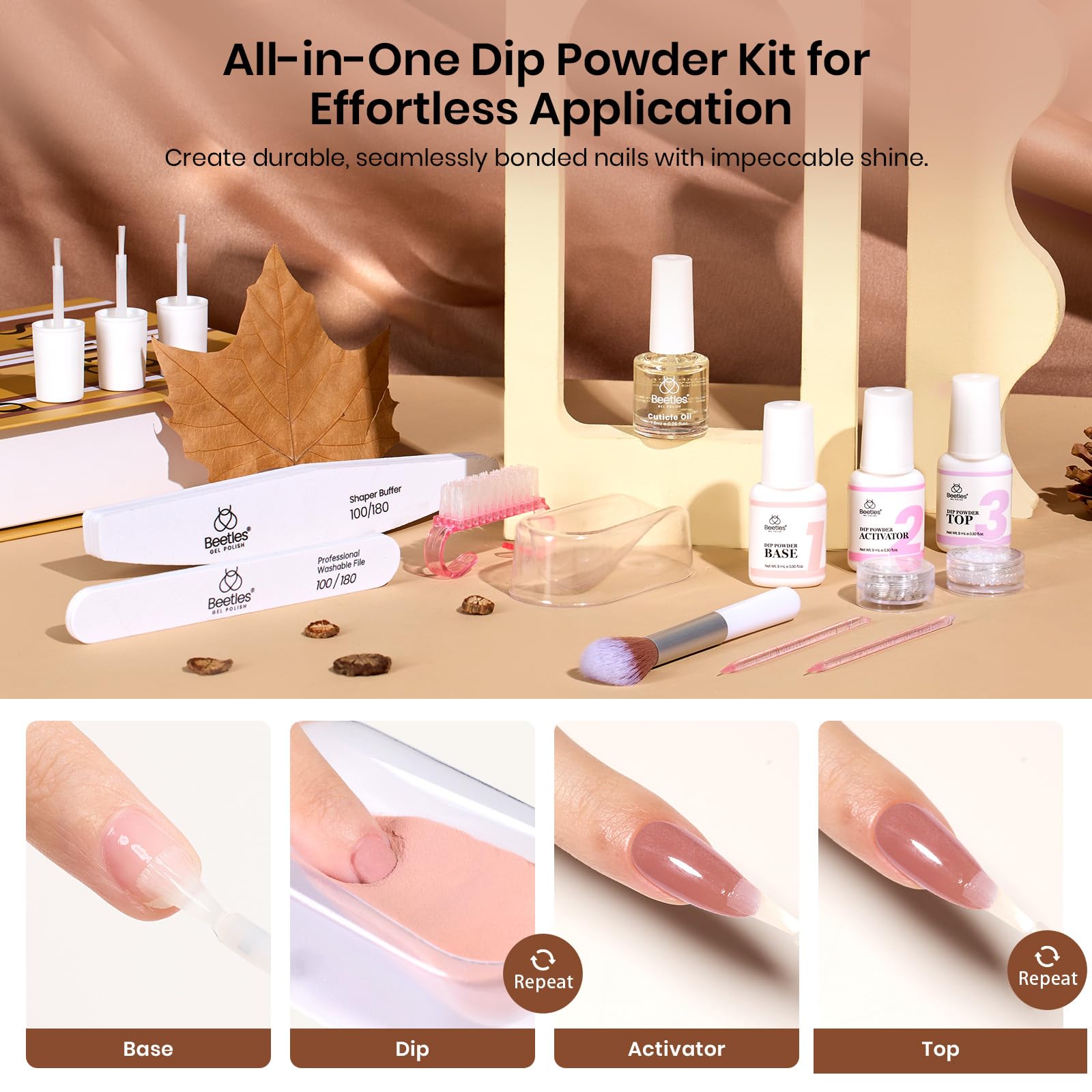 Beetles Dip Powder Nail Kit Starter Set – Espresso Glow Collection | Fall & Winter Brown Nude Glitter