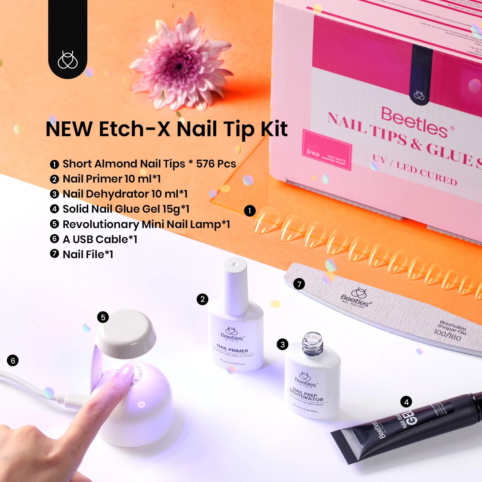 Beetles Etch-X Gel Nail Kit – Almond Short Tips, 576pcs, Dehydrator, Primer, Mini Lamp | Home DIY Extensions