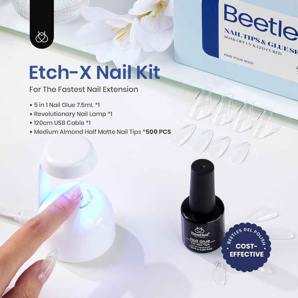 Beetles Gel Nail Kit Etch-X Almond Medium – 500pcs, Mini Lamp, 9-in-1 Glue