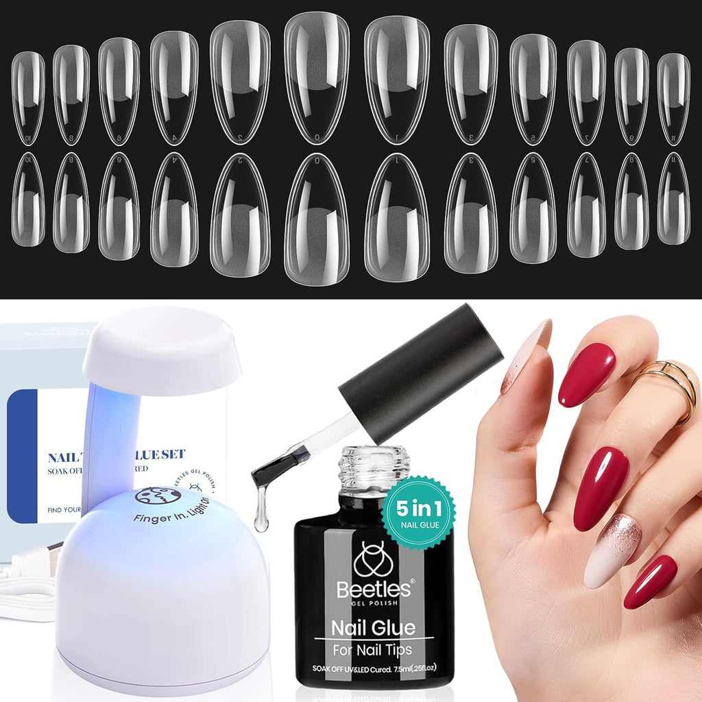 Beetles Gel Nail Kit Etch-X Almond Medium – 500pcs, Mini Lamp, 9-in-1 Glue