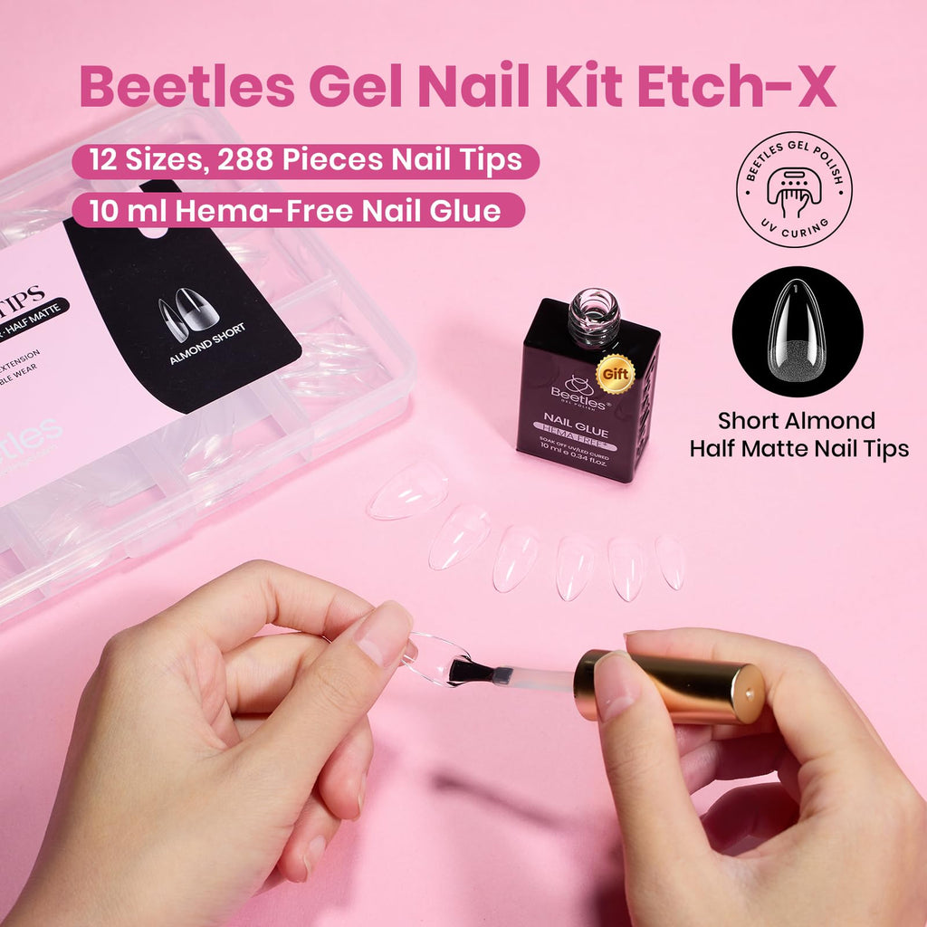 Beetles Gel Nail Kit Etch-X Almond Short Tips — 288pcs, 12 Sizes, HEMA-Free Glue Gel (10ml)