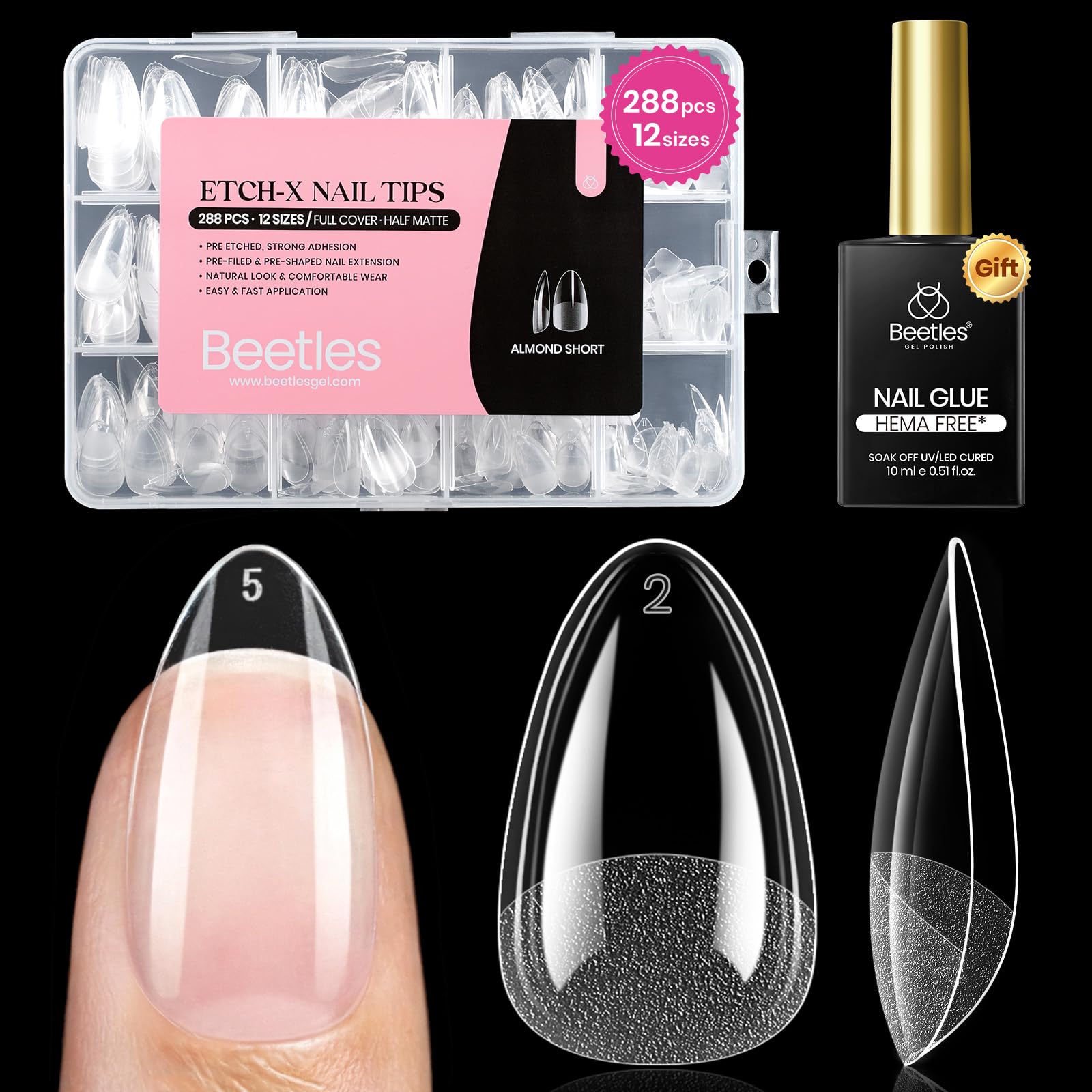 Beetles Gel Nail Kit Etch-X Almond Short Tips — 288pcs, 12 Sizes, HEMA-Free Glue Gel (10ml)