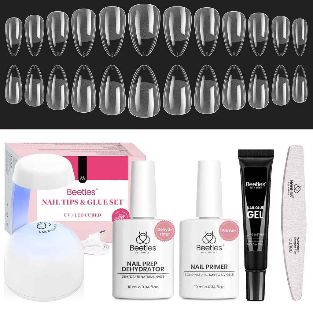 Beetles Etch-X Gel Nail Kit – Almond Short Tips, 576pcs, Dehydrator, Primer, Mini Lamp | Home DIY Extensions
