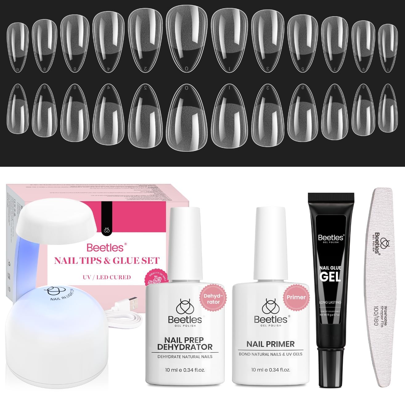 Beetles Etch-X Gel Nail Kit – Almond Short Tips, 576pcs, Dehydrator, Primer, Mini Lamp | Home DIY Extensions