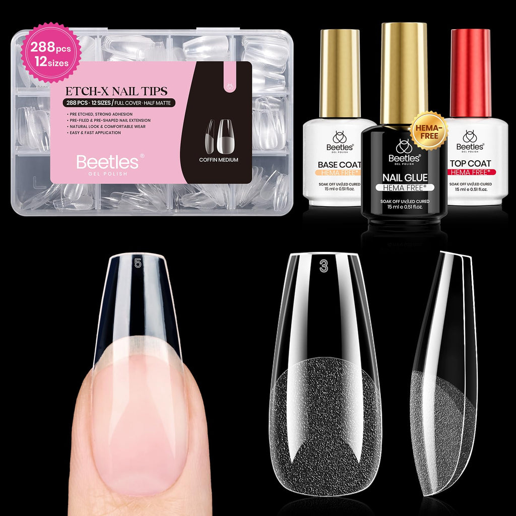 Beetles Gel Nail Kit Etch-X: 288 Tips (12 Sizes) + HEMA-Free Glue, Base & Top Coats