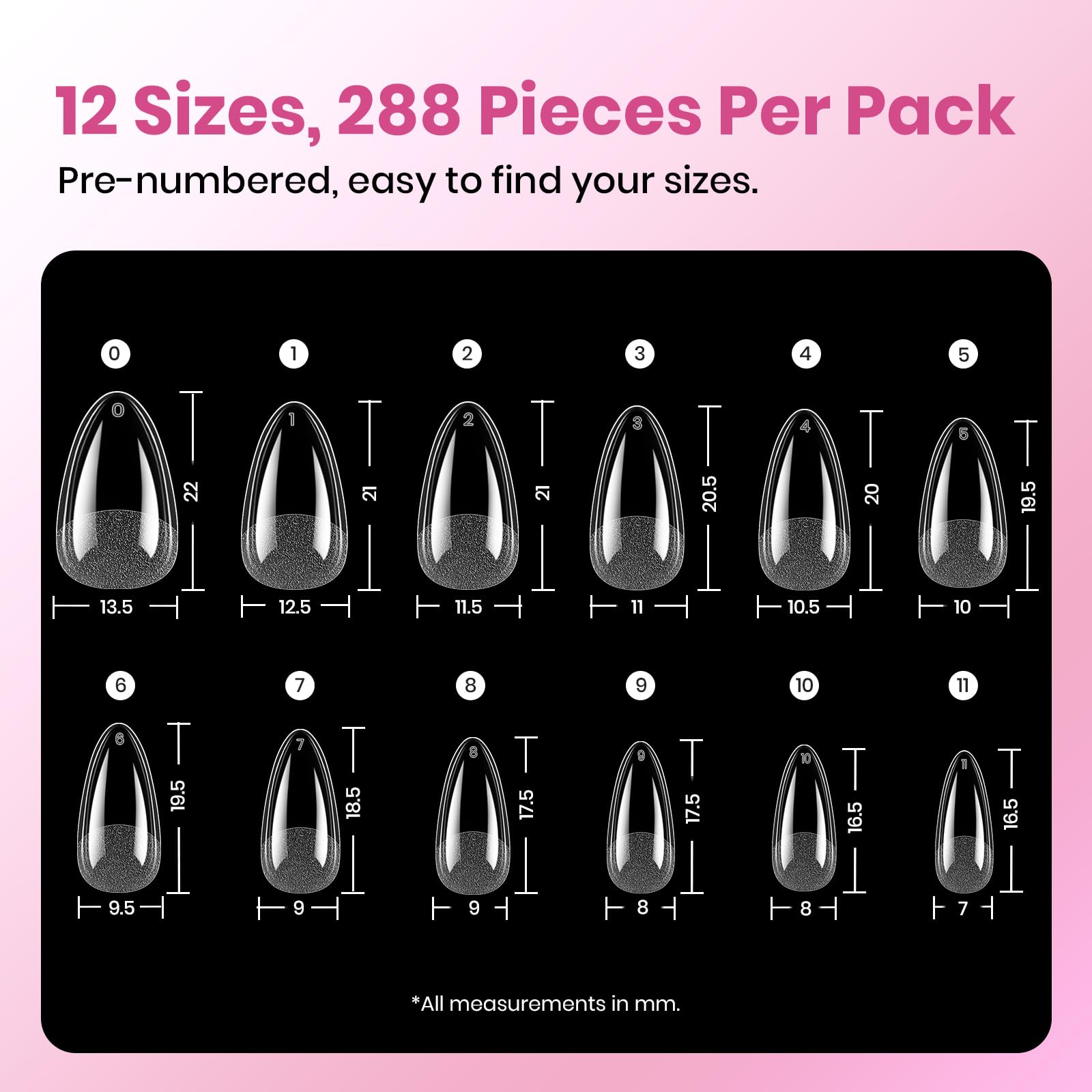 Beetles Gel Nail Kit Etch-X Almond Short Tips — 288pcs, 12 Sizes, HEMA-Free Glue Gel (10ml)