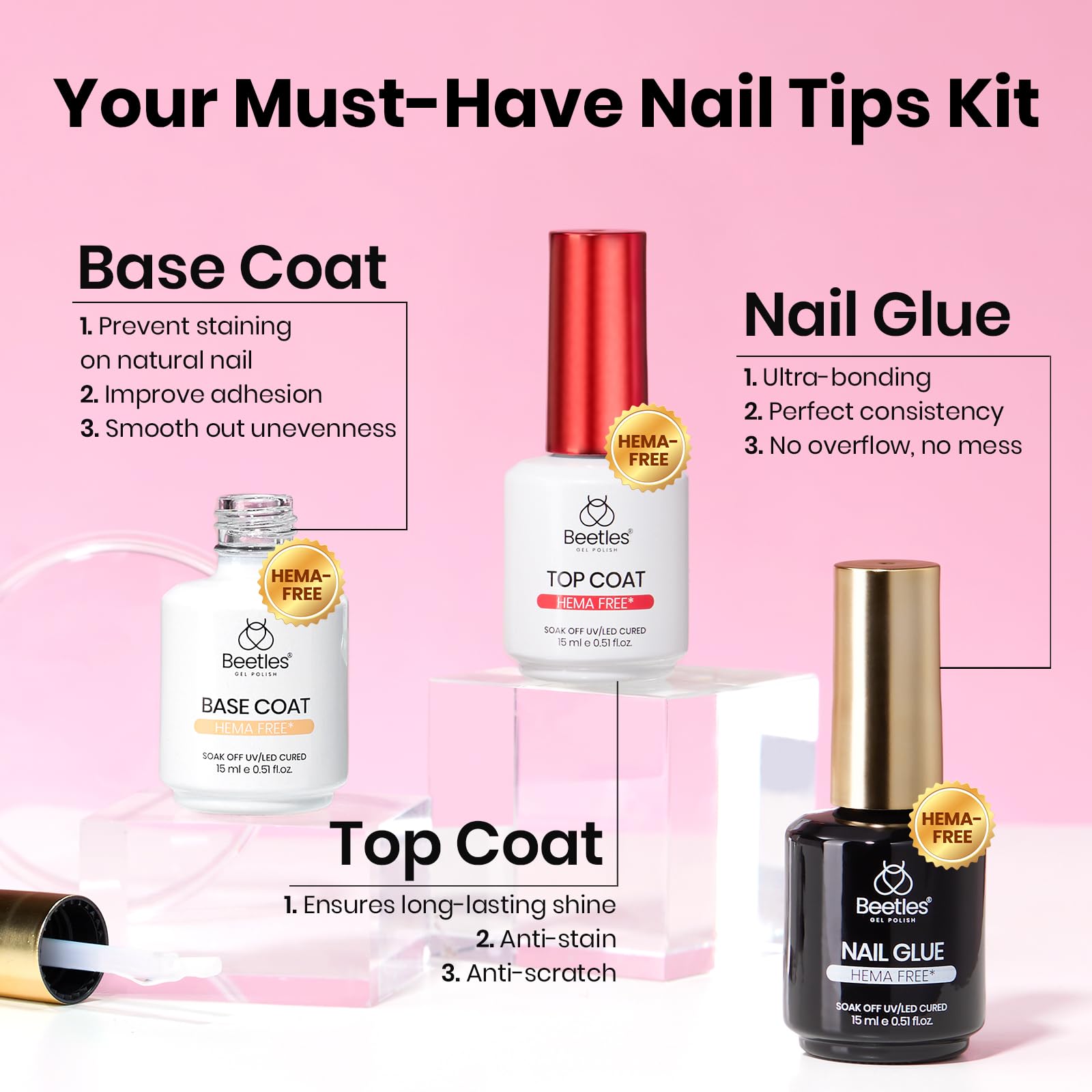 Beetles Etch-X Gel Nail Kit: 288pc Short Square Tips, 12 Sizes, HEMA-Free Base/Top Coat & Glue – DIY Nails at Home