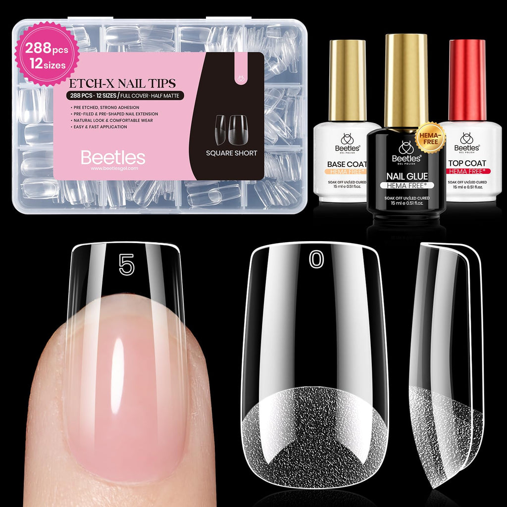Beetles Etch-X Gel Nail Kit: 288pc Short Square Tips, 12 Sizes, HEMA-Free Base/Top Coat & Glue – DIY Nails at Home