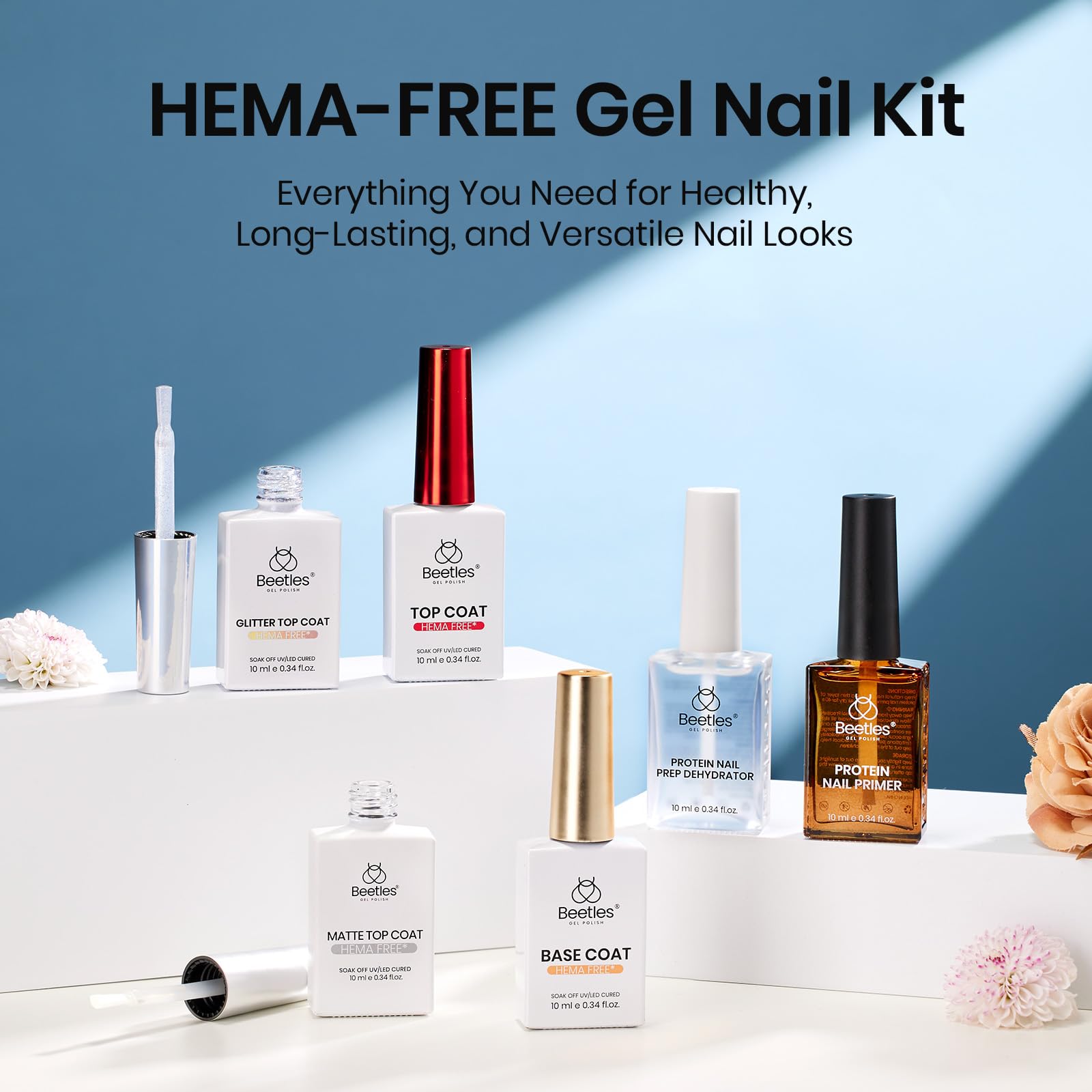 Beetles Protein Nail Prep Dehydrator & Primer Set — Hema-Free, Acid-Free, 10ml, Matte & Glitter Top Coat