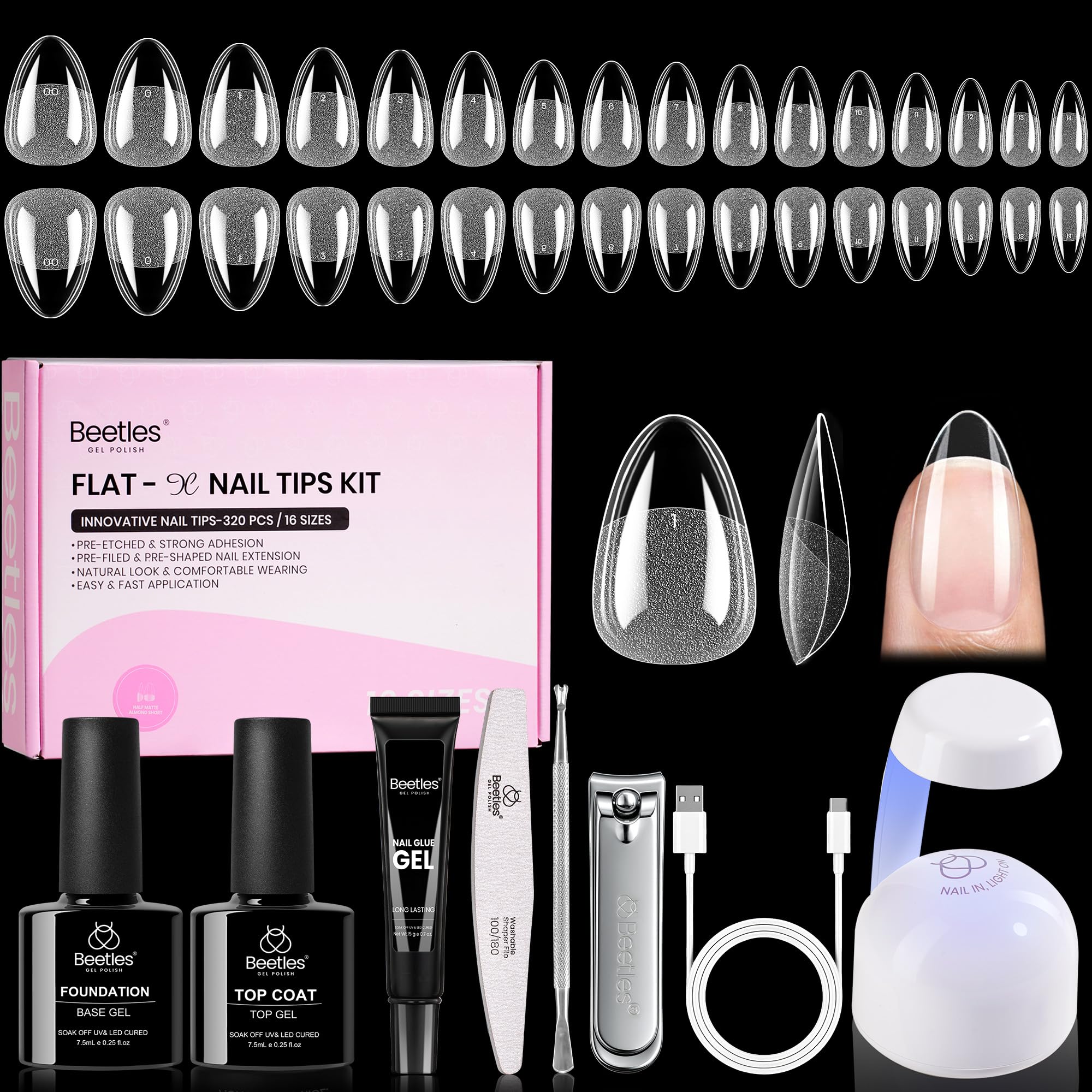 Beetles Gel Nail Kit Flat-X Almond Short – 320pc Tips, 15g Glue Gel, Base & Top Coat, Mini UV Lamp