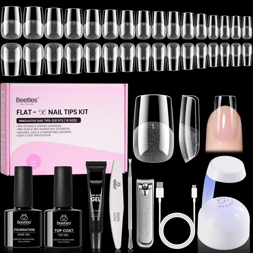 Beetles Gel Nail Kit Flat-X – 320 Short Square Tips, Glue Gel, Base & Top, Mini Lamp | DIY Home Manicure