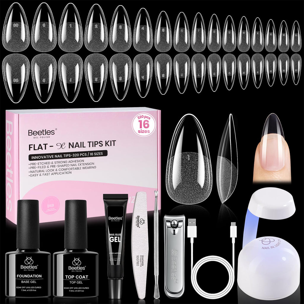 Beetles Gel Nail Kit Flat-X Almond Medium – 320 Tips, Glue Gel, Base & Top, Mini Lamp