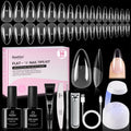 Beetles Gel Nail Kit Flat-X Almond Medium – 320 Tips, Glue Gel, Base & Top, Mini Lamp
