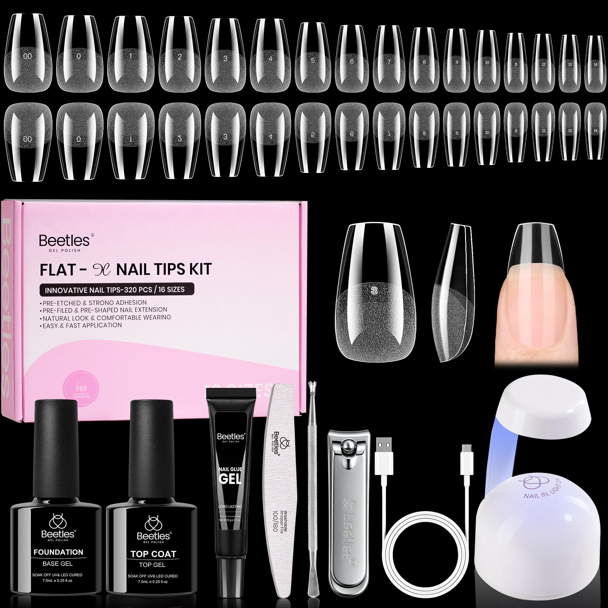 Beetles Gel Nail Kit Flat-X Coffin Short 320pcs | DIY Nail Extensions with Glue Gel, Base & Top Coat, Mini Lamp