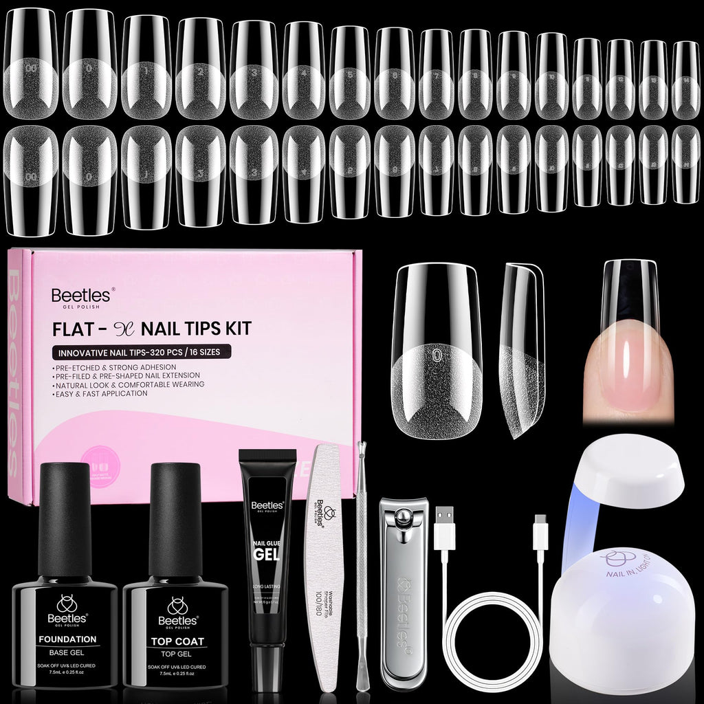 Beetles Gel Nail Kit Flat-X Square Medium – 320 Tips, Glue Gel, Base & Top Coats, Mini Lamp