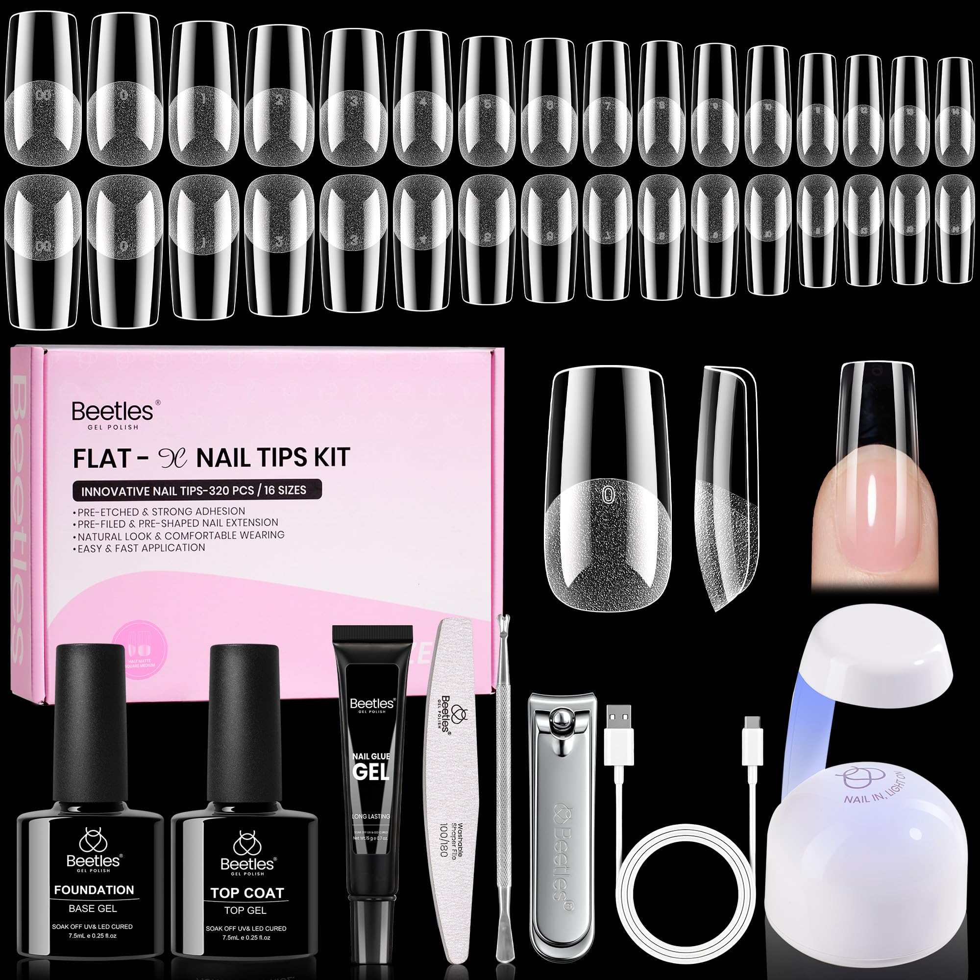 Beetles Gel Nail Kit Flat-X Square Medium – 320 Tips, Glue Gel, Base & Top Coats, Mini Lamp