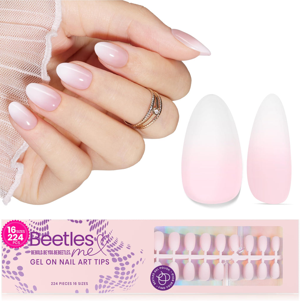 Beetles French Tip Press On Nails Ombre Pink Extra Short Almond 224 Pcs 16 Sizes 4 in 1 Kit