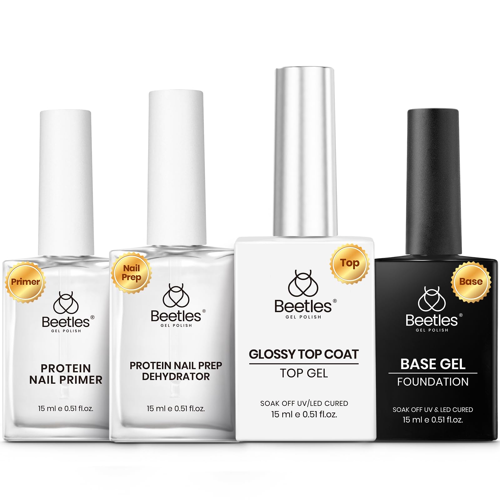 Beetles Gel Base & Top Coat Set with Protein Dehydrator & Primer – 4 Pcs 15ml, Acid-Free & HEMA-Free Nail Prep Bond