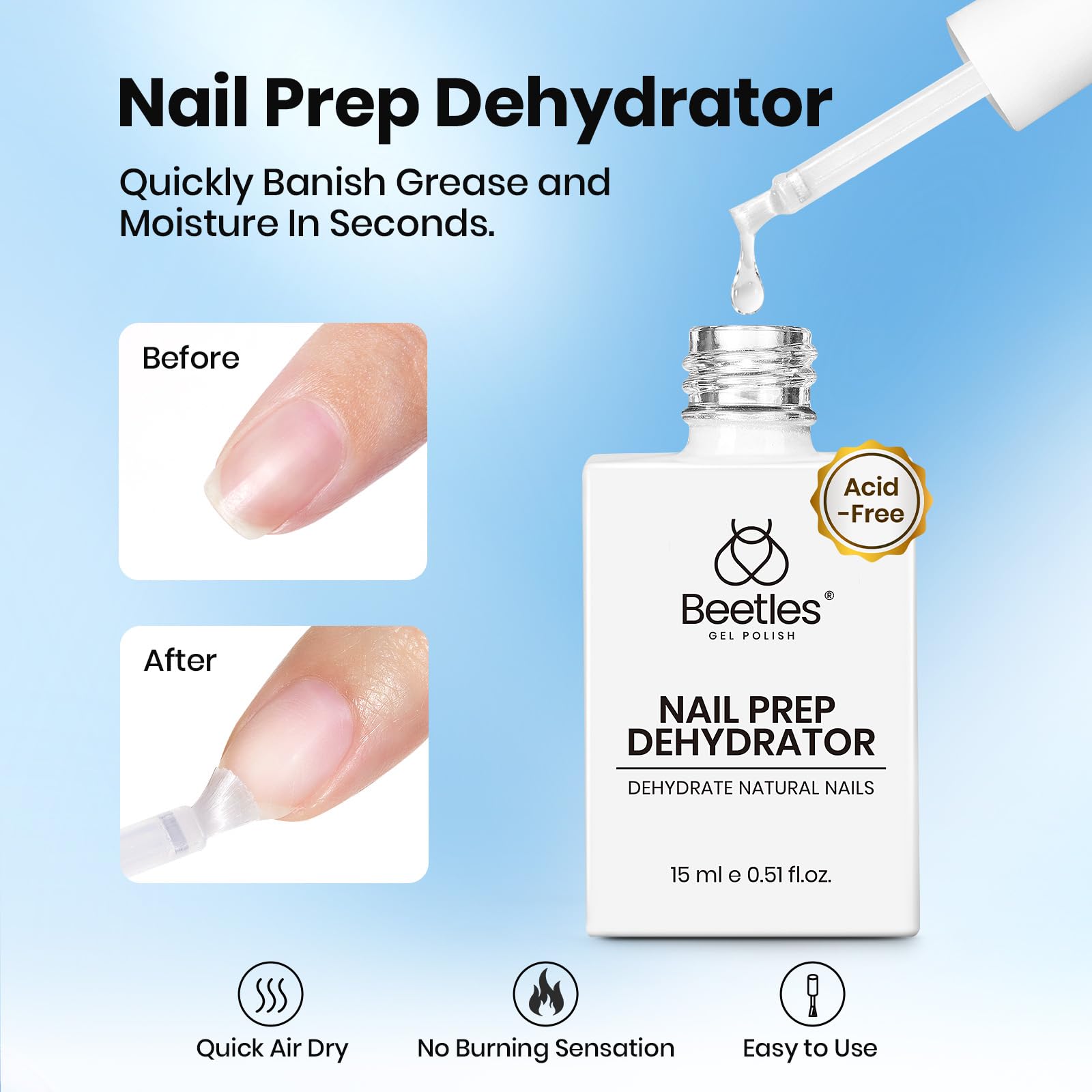 Beetles Gel Polish 4-Piece Base Coat, Top Coat, Dehydrator & Primer Set – Acid-Free & HEMA-Free Bond