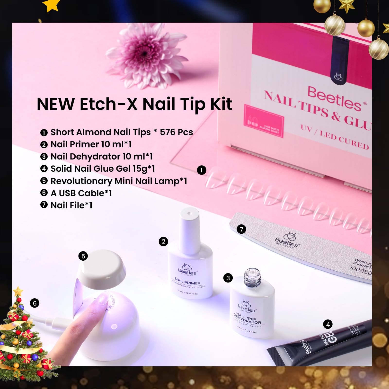 Beetles Gel Nail Kit Short Almond Gift Spree – 576Pcs Tips, Dehydrator & Primer + Mini Lamp