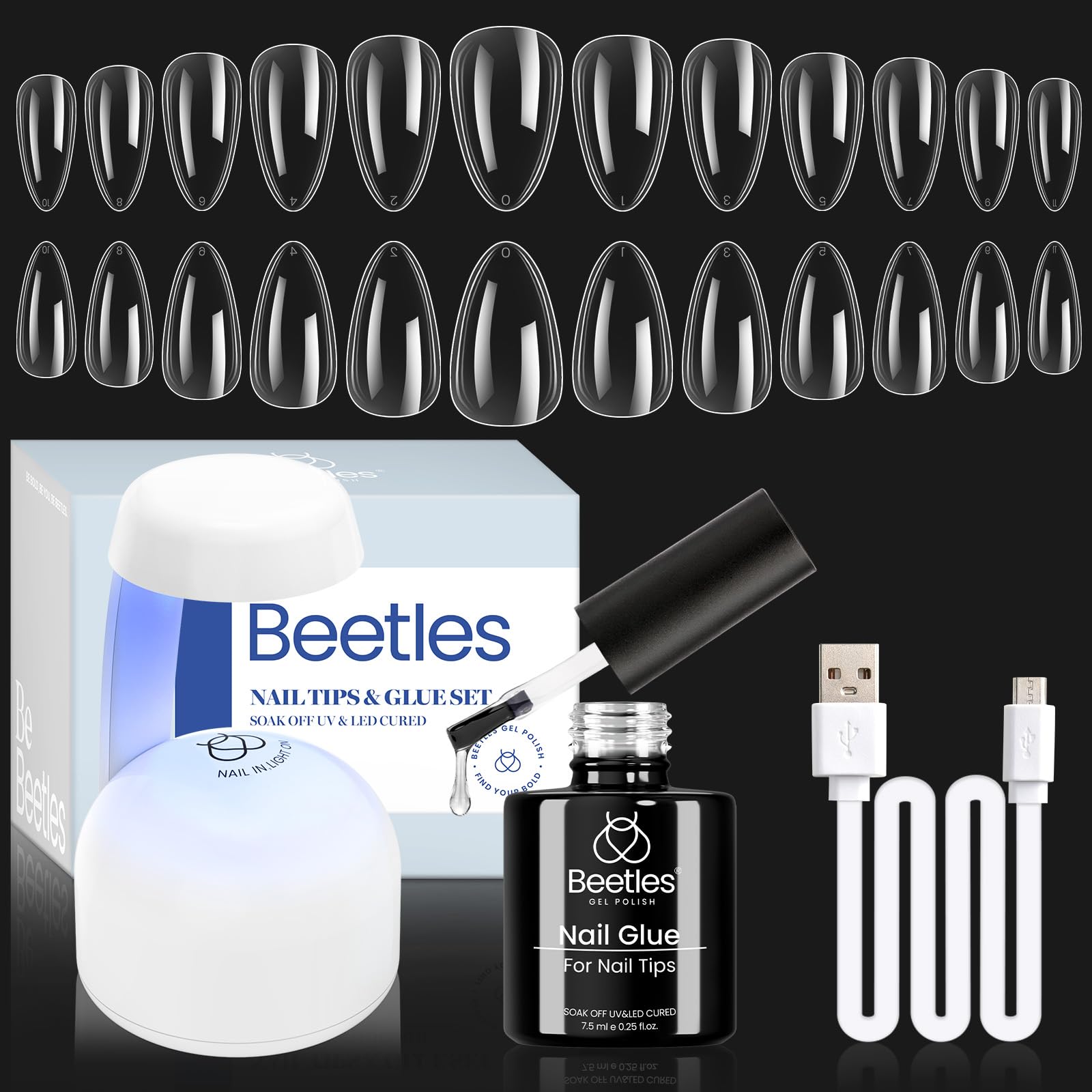 Beetles Gel Nail Kit Clear Almond Short 500pcs + 9-in-1 Glue Mini UV&LED Lamp – Fall Nails, Easy Nail Extensions
