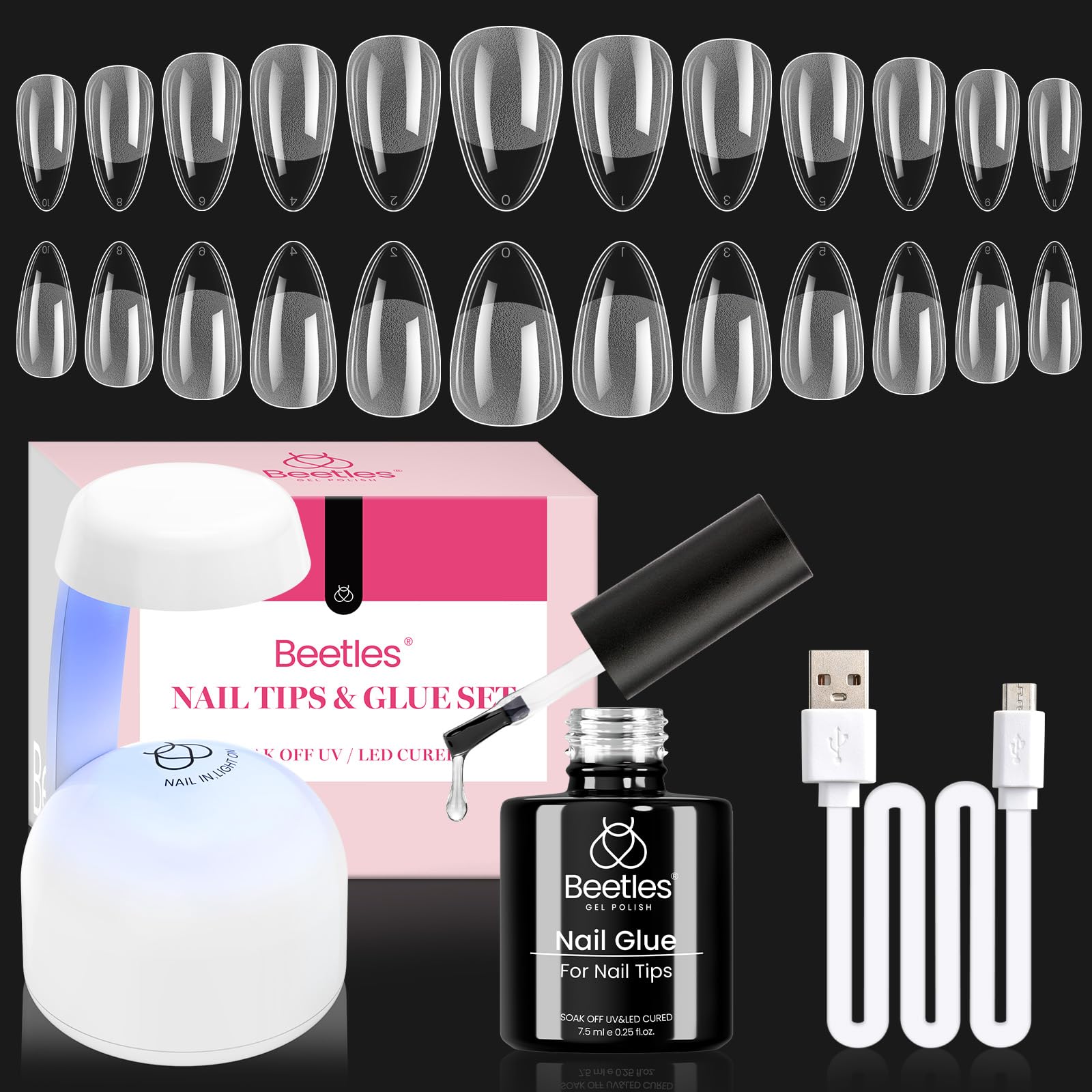 Beetles Gel Nail Kit Amond Shape – 504Pcs Tips, 9-in-1 Glue Gel, Mini UV/LED Lamp
