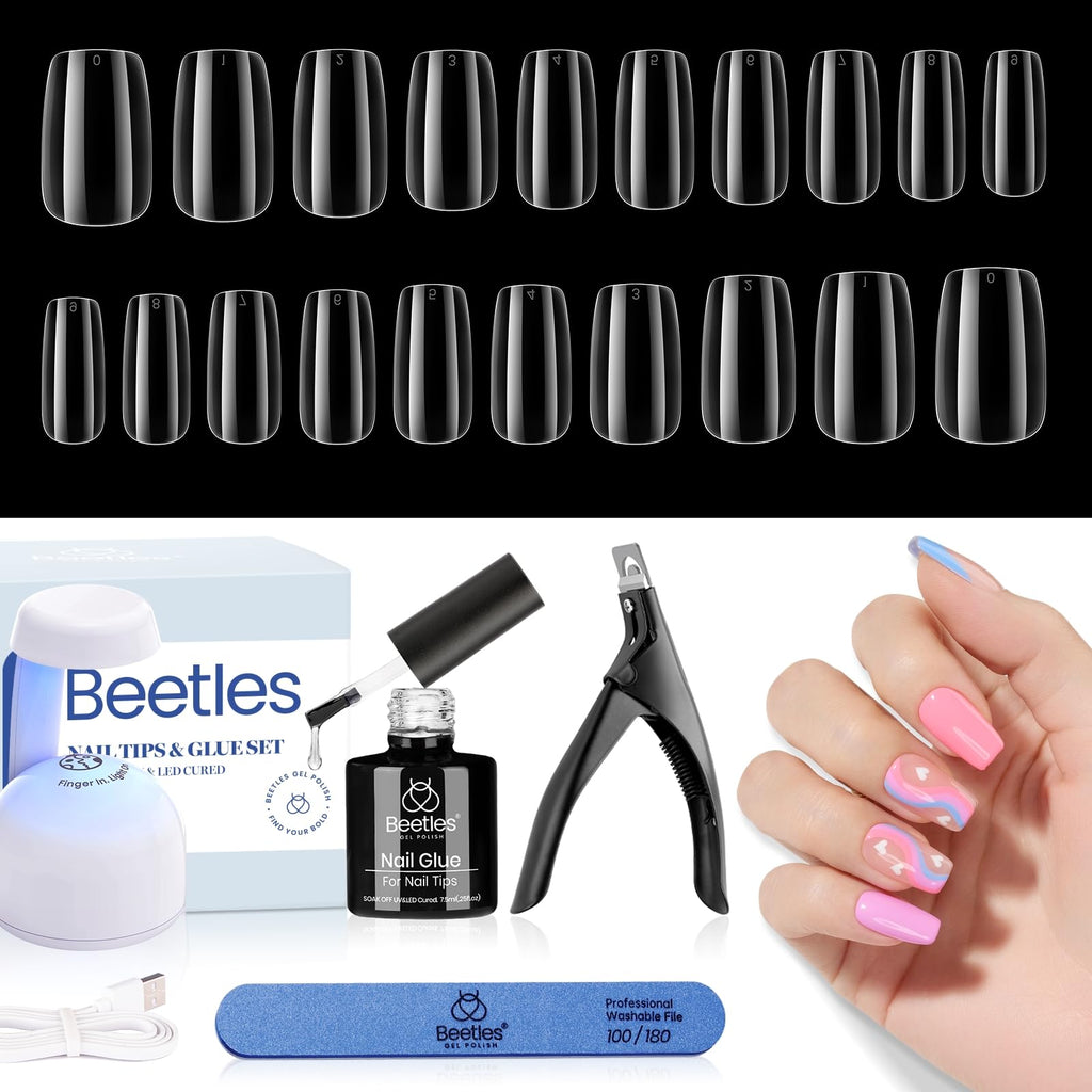 Beetles Gel Nail Kit Easy Extension Set – 240 Soft Short Square Tips, 5-in-1 Glue & LED Lamp