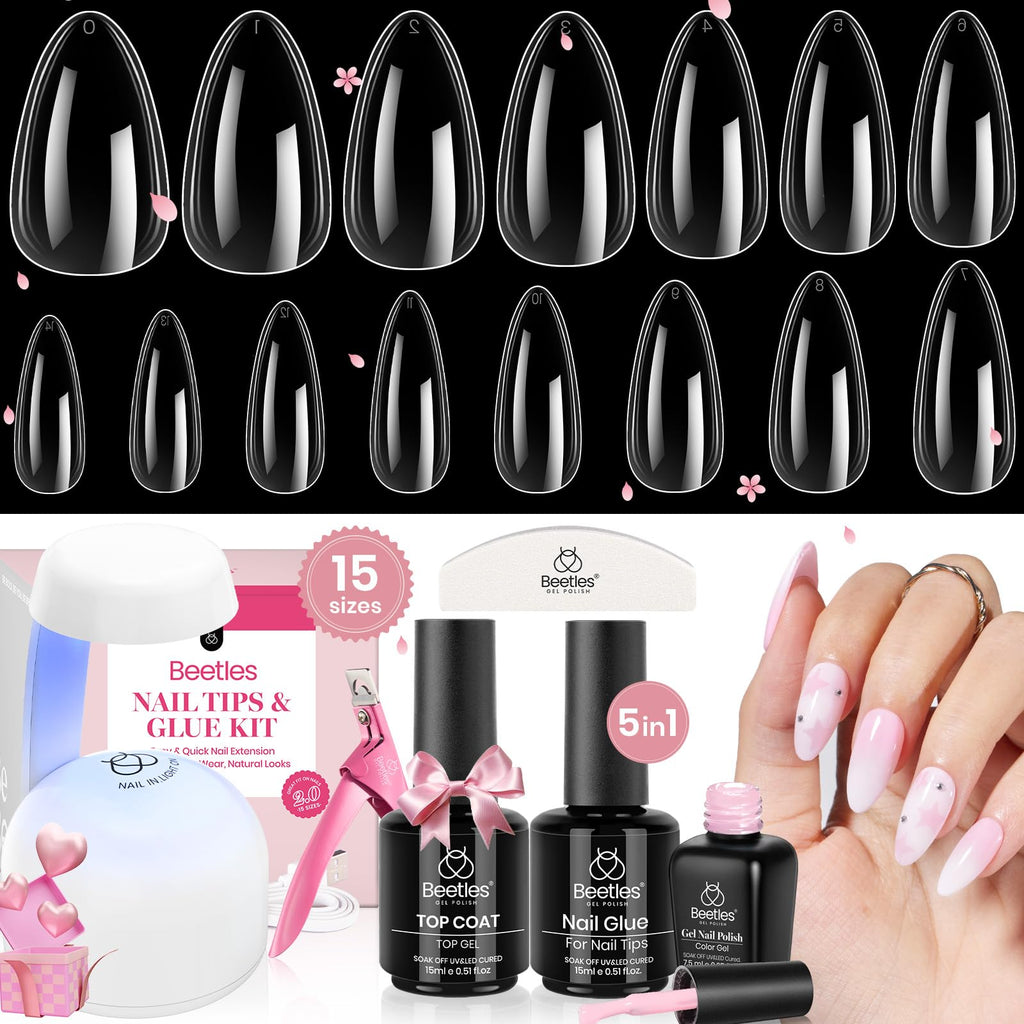 Beetles Gel Nail Kit Clear & Almond Medium – 600 Tips, Pink Top Coat, 9-in-1 Glue, Mini Lamp