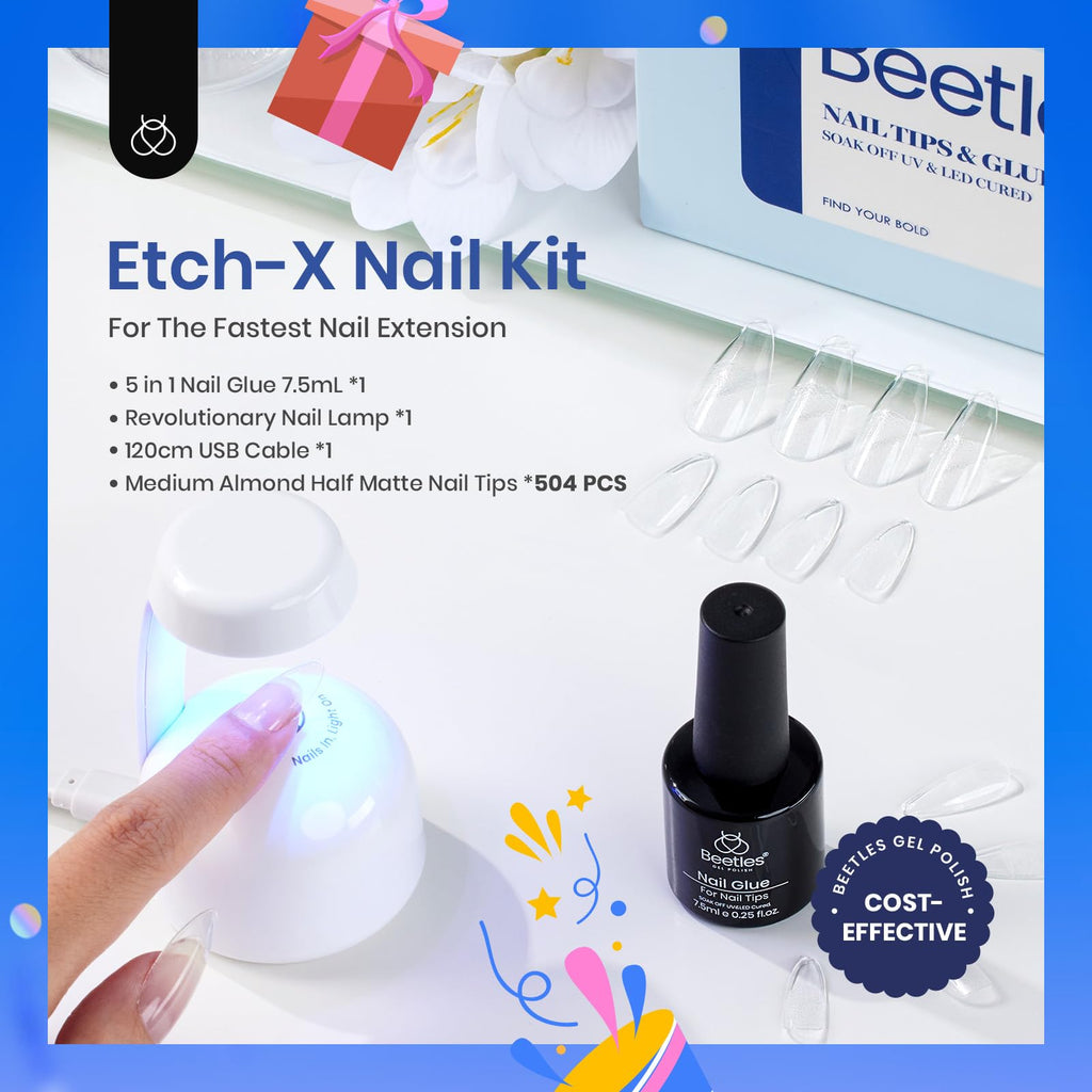 Beetles Gel Nail Kit Etch-X Almond Medium — 500pcs, 12 Sizes, Mini 5-in-1 Glue Lamp