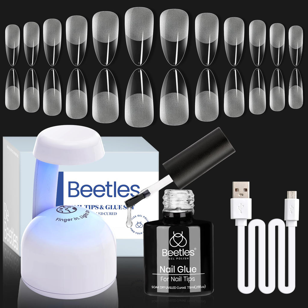 Beetles Gel Nail Kit Etch-X Almond Medium — 500pcs, 12 Sizes, Mini 5-in-1 Glue Lamp