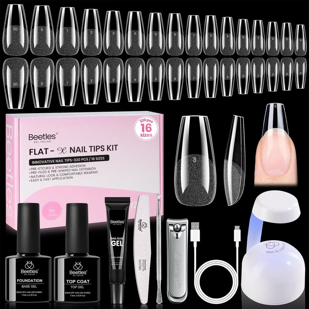 Beetles Gel Nail Kit Flat-X Coffin Medium – 320 Tips, 15g Glue Gel, 7.5ml Base & Top Coat, Mini Lamp