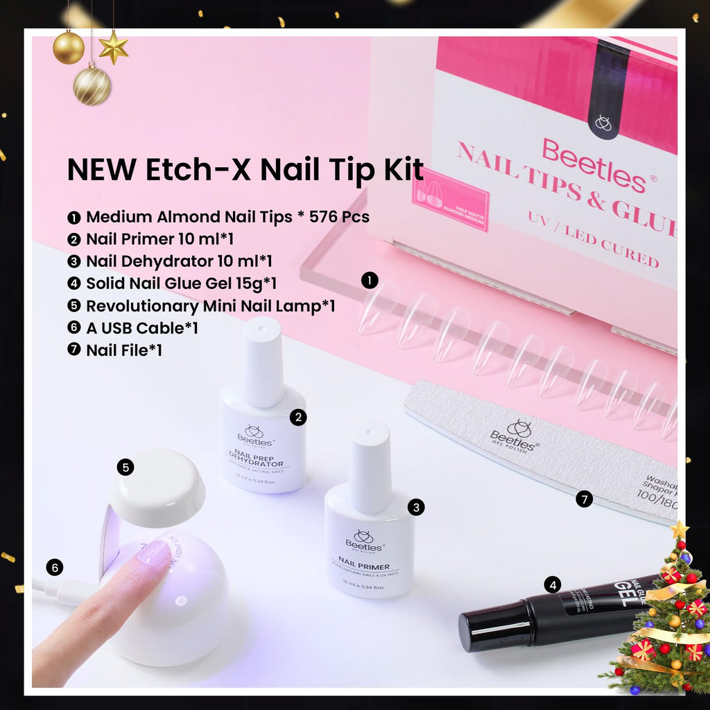 Beetles Gel Nail Kit Medium Almond | 576 Half Matte Tips, Primer, Dehydrator, Glue, Mini UV Lamp