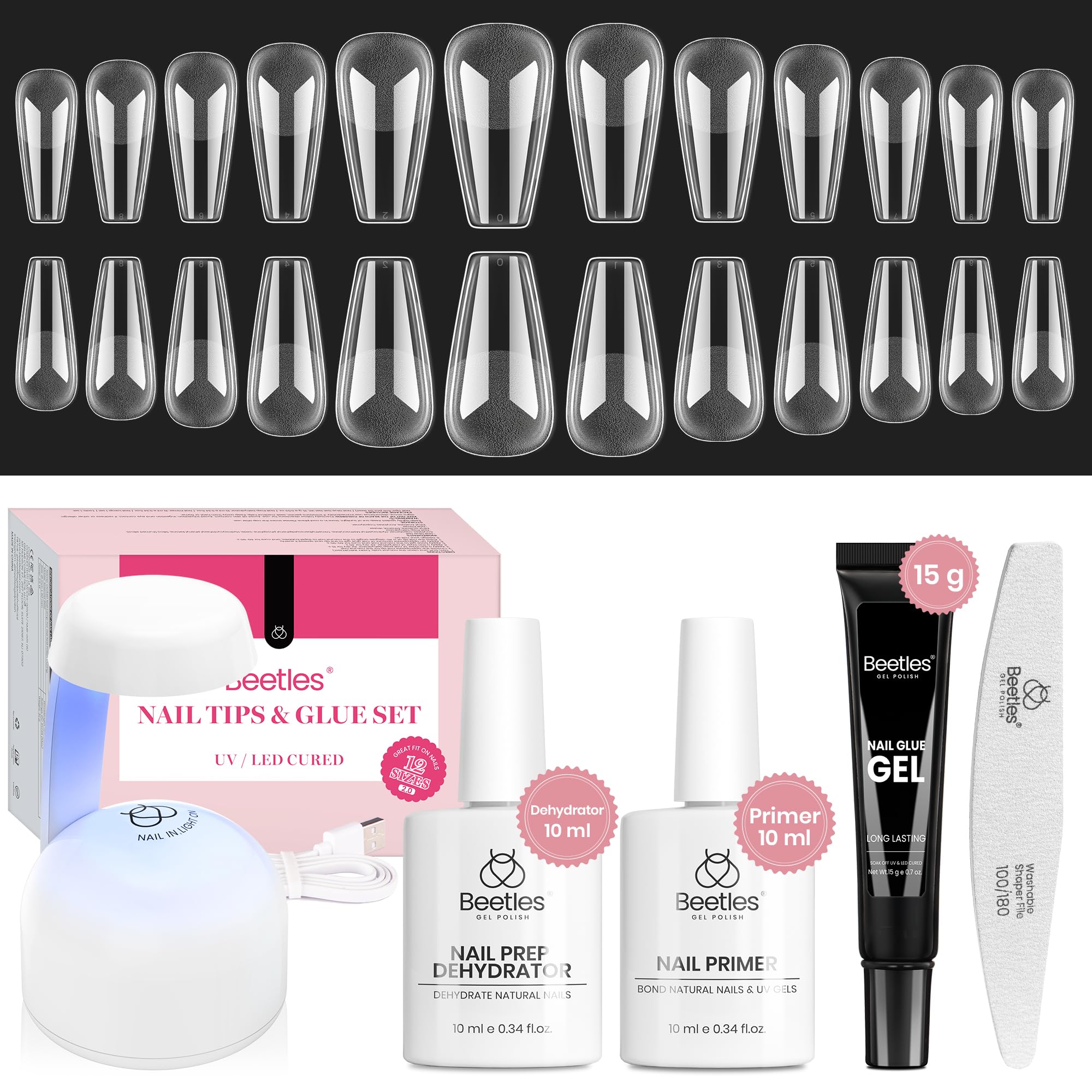 Beetles Gel Nail Kit Medium Coffin with Primer, Dehydrator & 576 Half Matte Tips + Mini Lamp