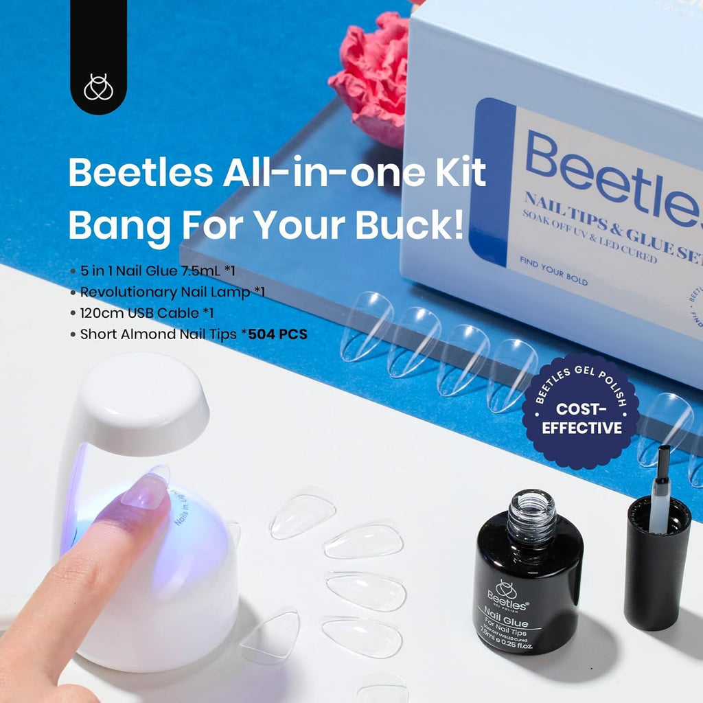Beetles Gel Nail Kit Clear Almond Short 500pcs + 9-in-1 Glue Mini UV&LED Lamp – Fall Nails, Easy Nail Extensions
