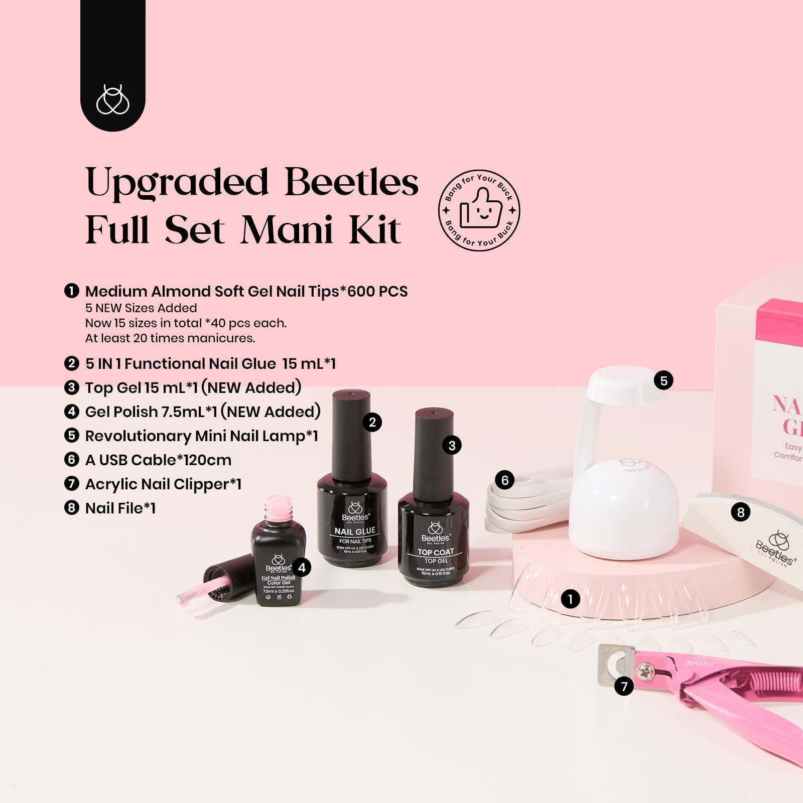 Beetles Gel Nail Kit Clear & Almond Medium – 600 Tips, Pink Top Coat, 9-in-1 Glue, Mini Lamp